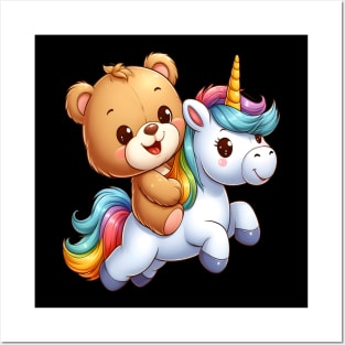 Cute Bear Riding a Happy Unicorn Kawaii Posters and Art